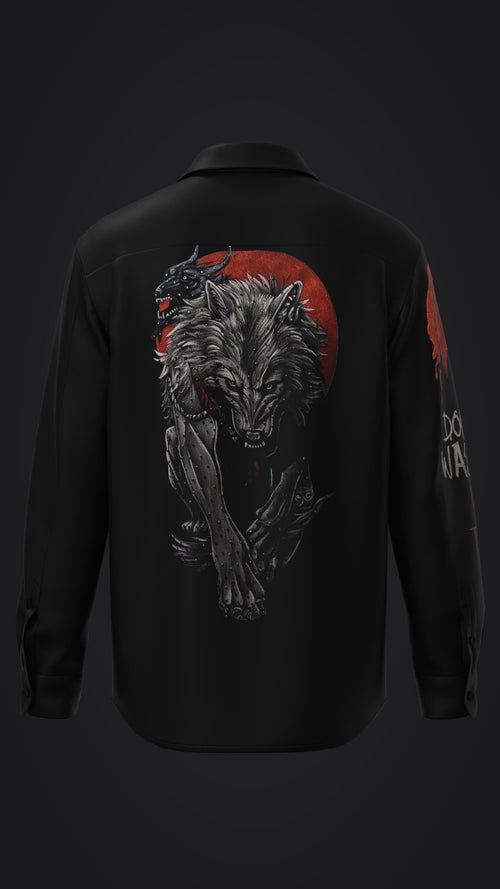 Hand-Painted “Lunar Beast” Black Shirt – Fierce Wolf & Dragon Art
